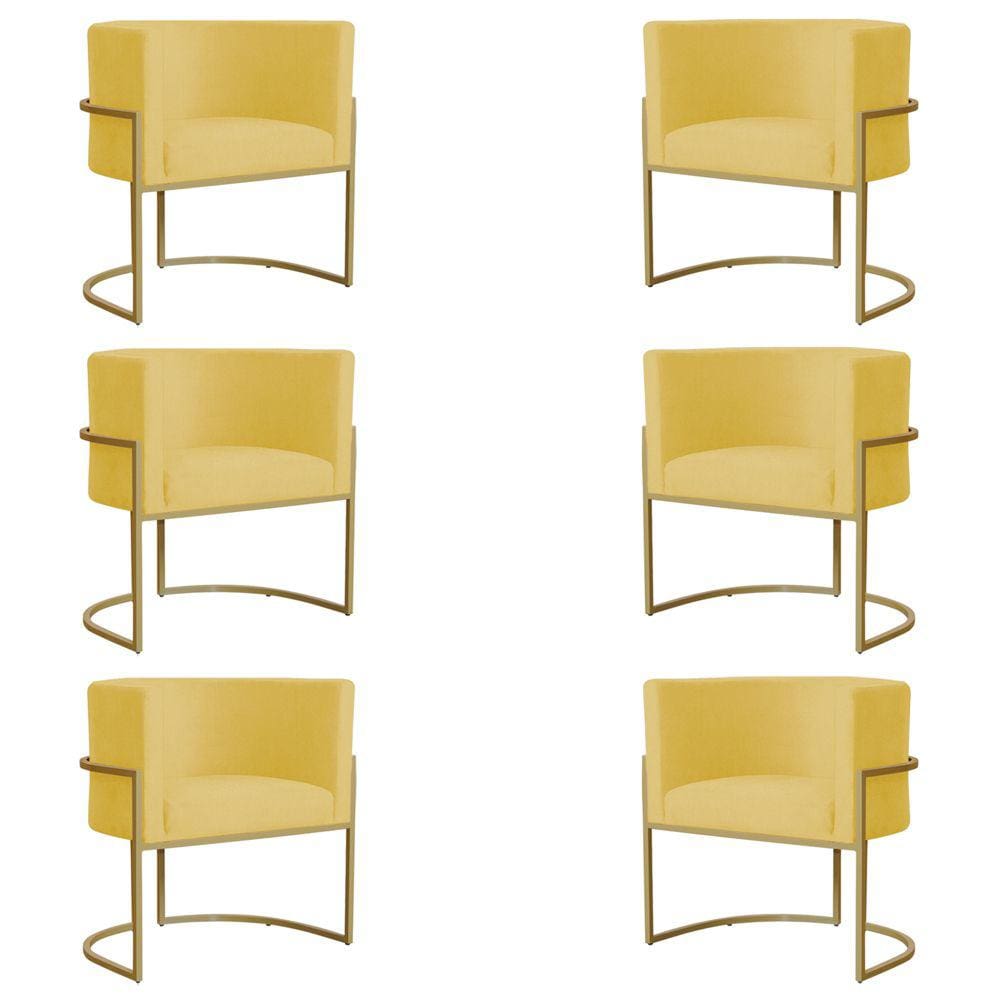 Kit 6 Poltronas Decorativa Sala de Estar Luana Base Gold Suede Amarelo - Montanaris Decor