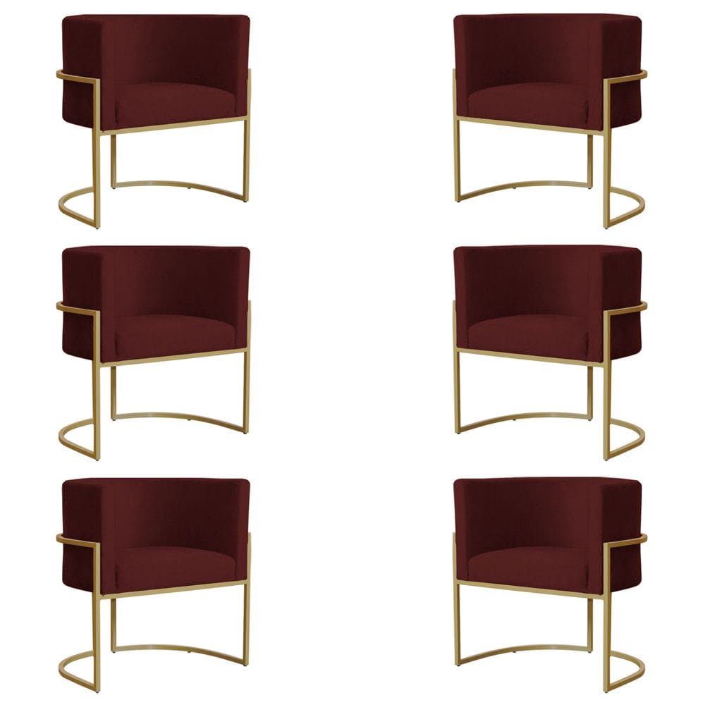 Kit 6 Poltronas Decorativa Sala de Estar Luana Base Gold Suede Bordô - Montanaris Decor