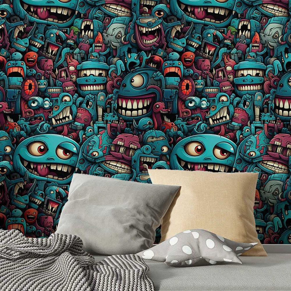 Papel de Parede Gamer 3D Cartoon arte azul efeito Realista Geek Decorativo quarto sala Lavavel 18m