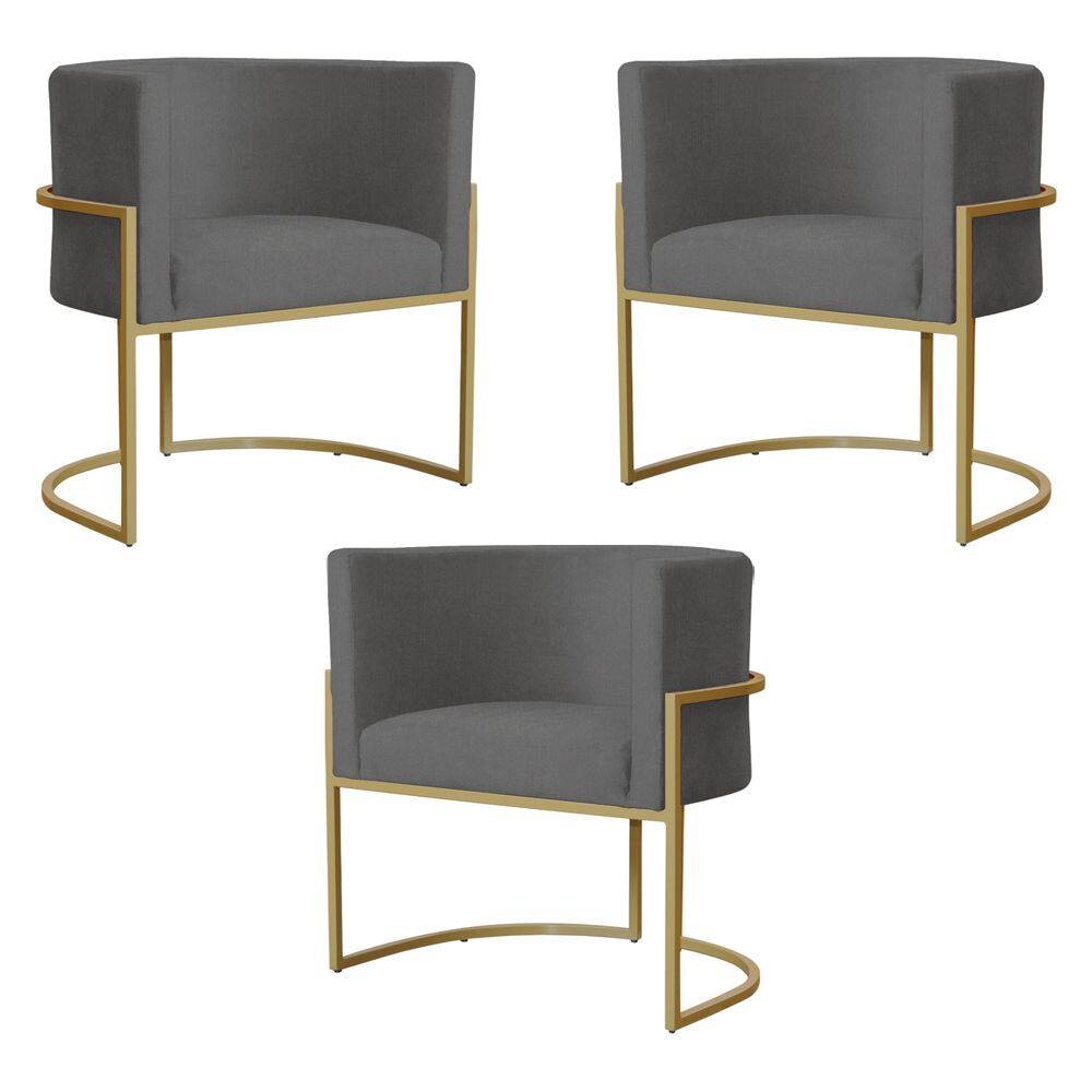 Kit 3 Poltronas Decorativa Sala de Estar Luana Base Gold Suede Cinza - Montanaris Decor