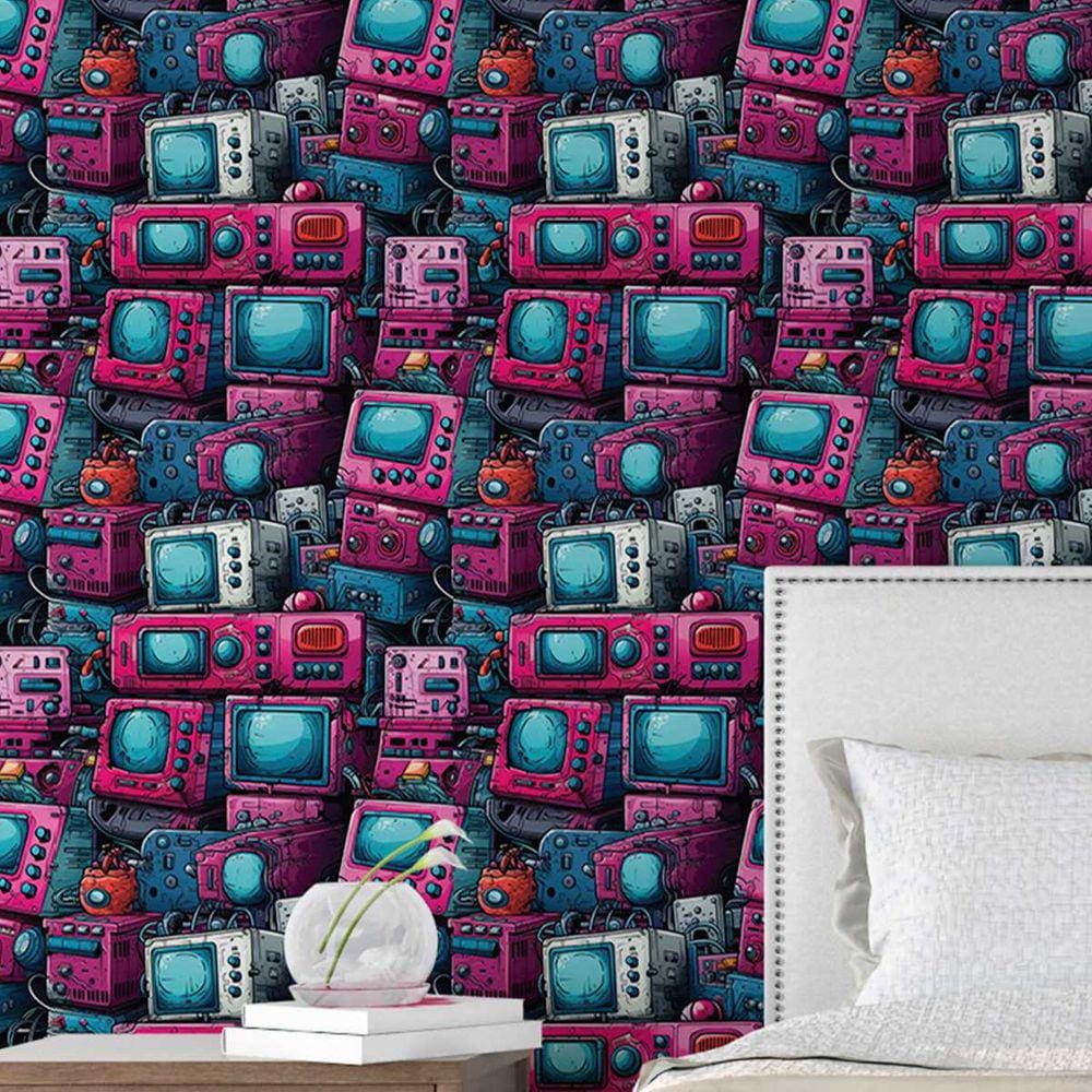 Papel de Parede Gamer 3D Grafite arte Pintura realista Rosa e azul Lavavel varias Cores quarto 15m