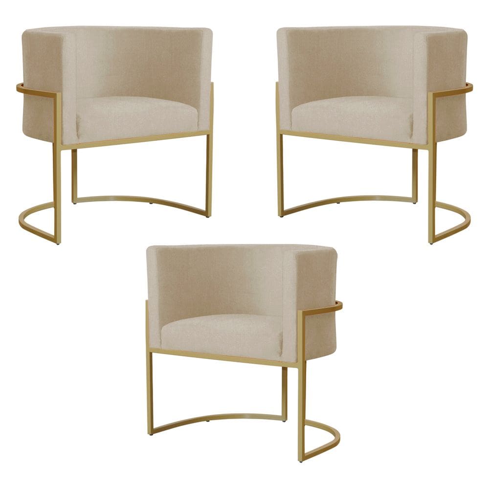 Kit 3 Poltronas Decorativa Sala de Estar Luana Base Gold Suede Bege - Montanaris Decor