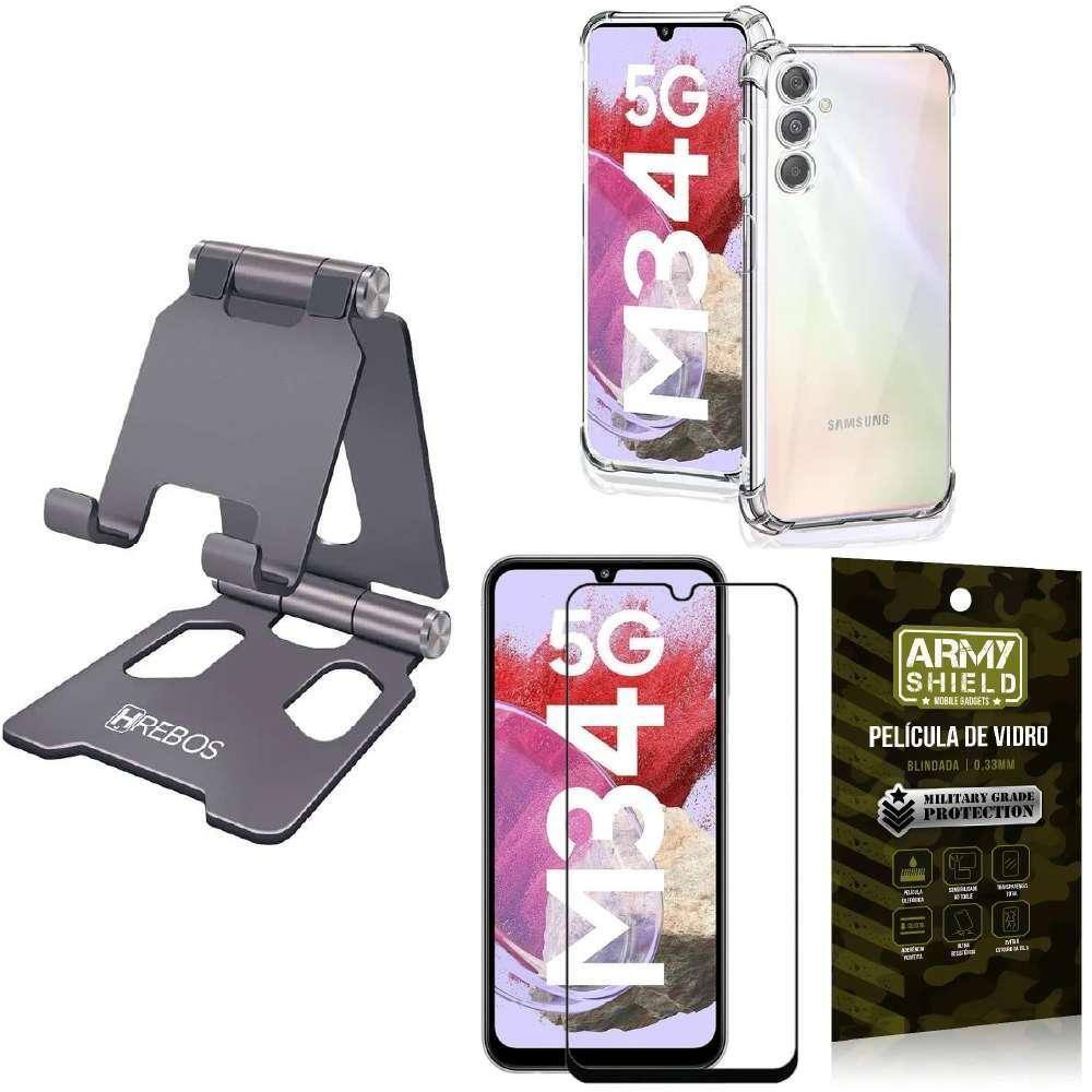 Suporte Mesa Hrebos 360 | Capinha Antishock Galaxy M14 | Película Vidro 3D