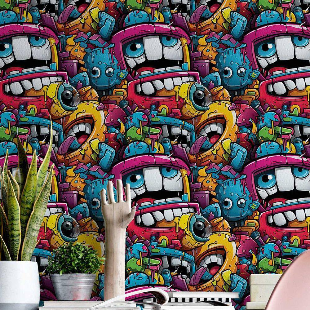 Papel de Parede Gamer 3D Desenho Cartoon efeito Grafite Geek Varias cores decorativo Arte 6m