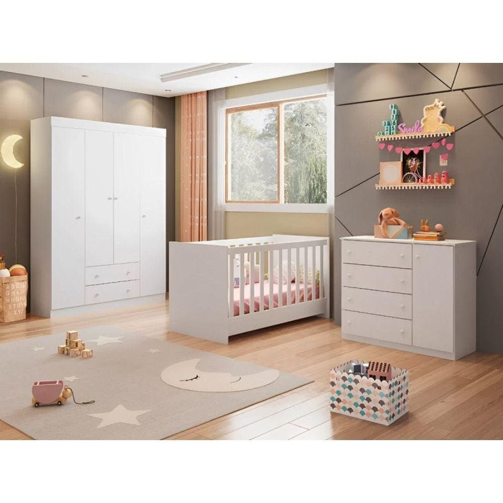 Jogo De Quarto Para Bebê Helena Com Guarda Roupa 4 Portas + Cômoda + Berço Mini Cama - Phoenix Baby