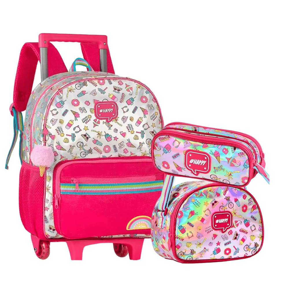 Kit Escolar Mala Holografica Lancheira e Estojo Happy Clio