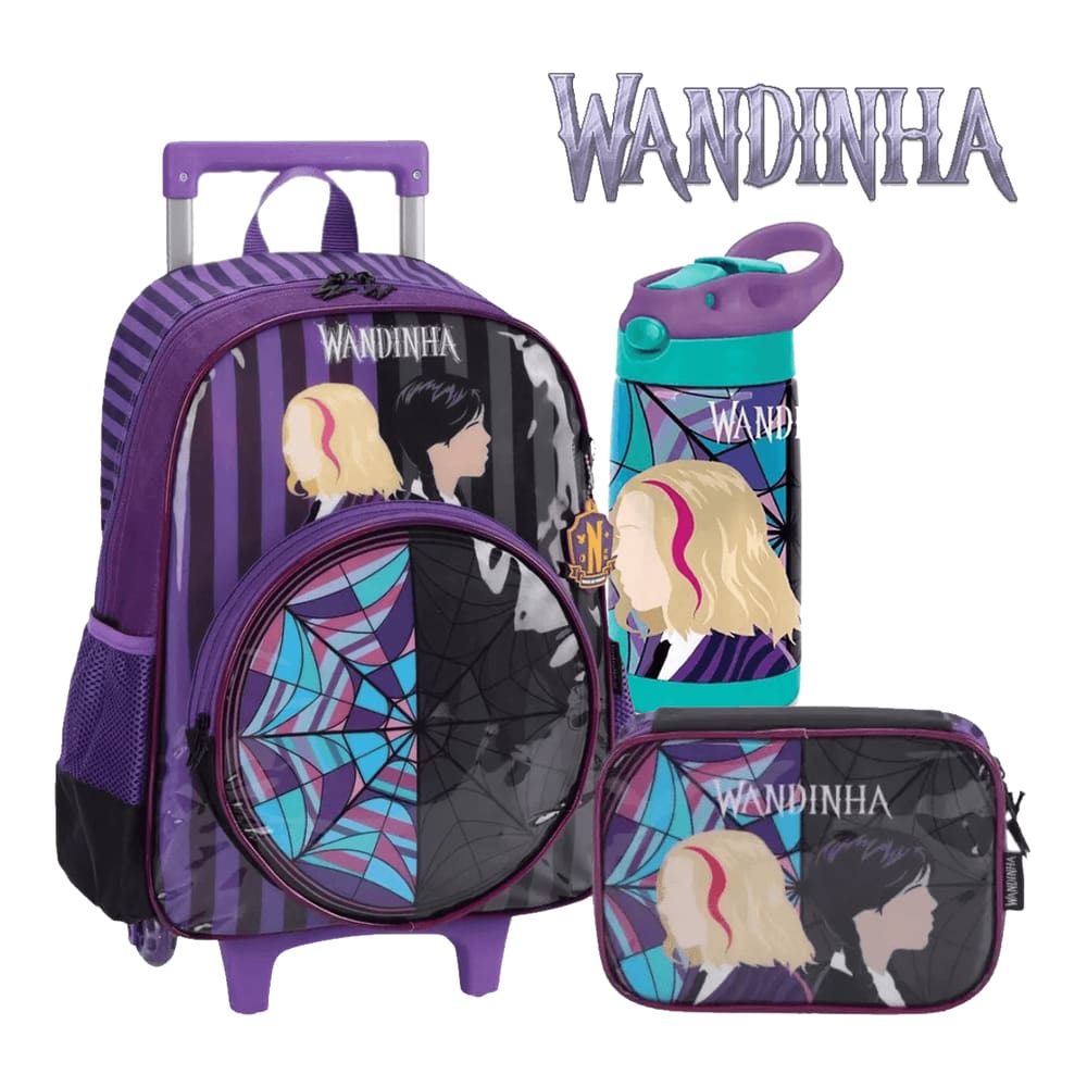Kit Escolar Wandinha Mochila Garrafa e Estojo Roxo Luxcel