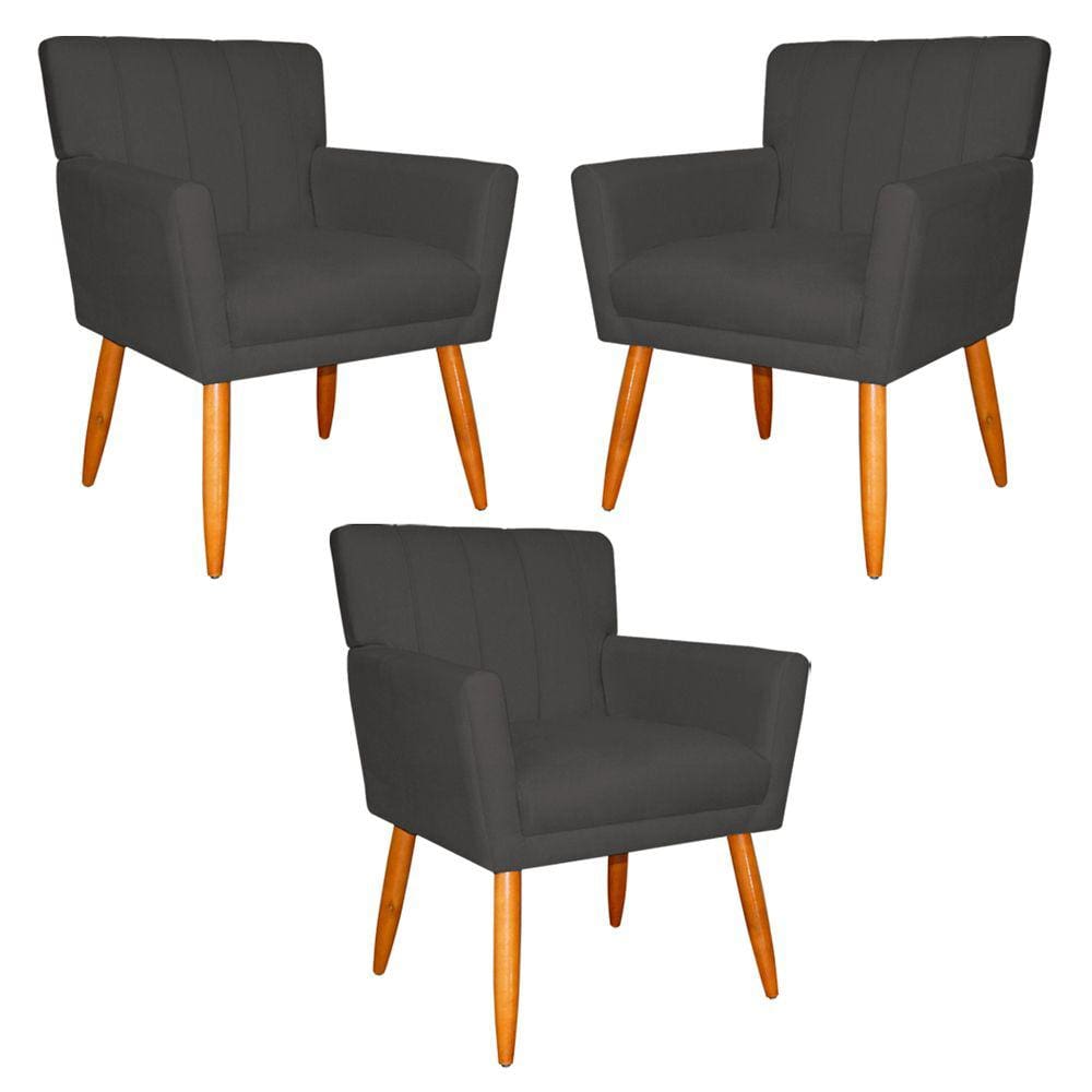 Kit 3 Poltronas Decorativa para Sala de Estar Cecília Suede Cinza - Montanaris Decor