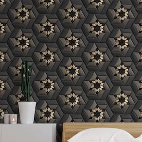 Papel de Parede 3D Auto Adesivo Geométrico Preto e Dourado Vinilico decorativo quarto sala 6m