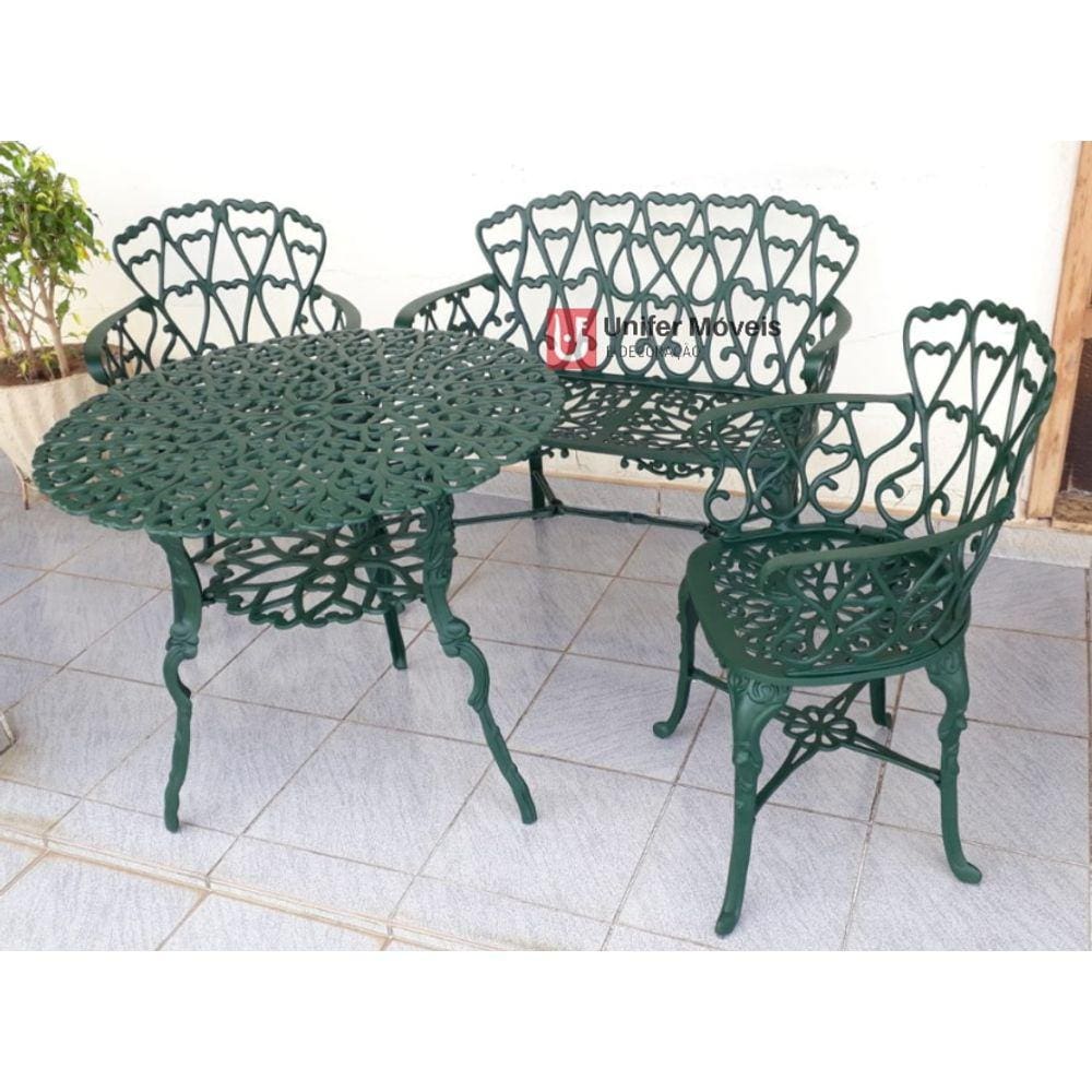 Conjunto de Mesa Para Jardim Viena Com Namoradeira e Mesa Alta Verde Fosco em Alumínio Fundido Unifer Móveis