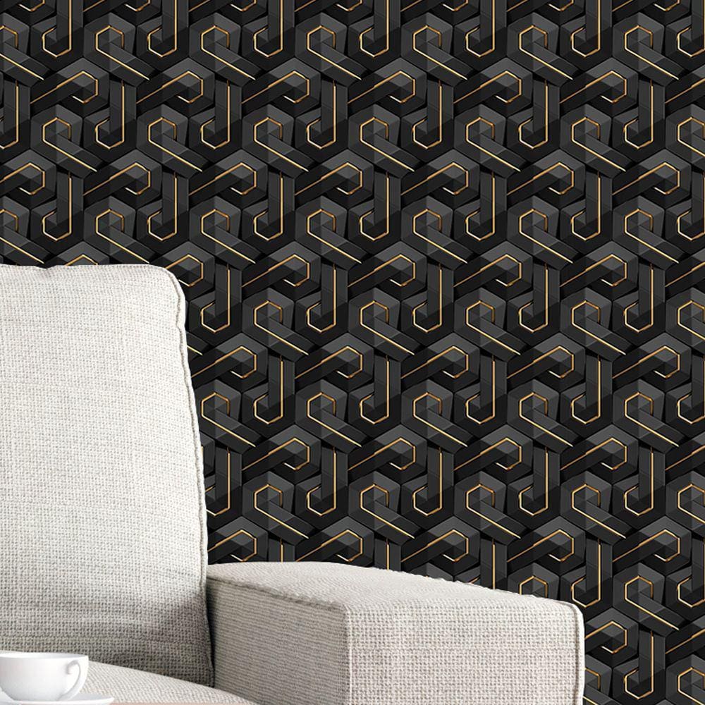 Papel de Parede 3D Auto Adesivo Geométrico Tijolinho Letra P Preto Fosco e Fio Gold Decorativo 12m