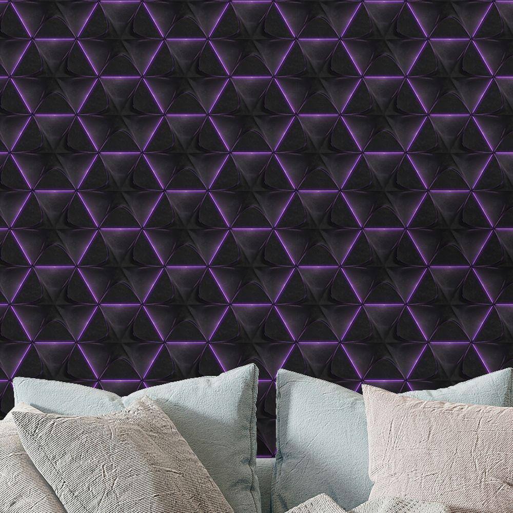 Papel de Parede 3D Auto Adesivo Geométrico Hexagono Luz led Roxa decorativa Quarto Sala 15m