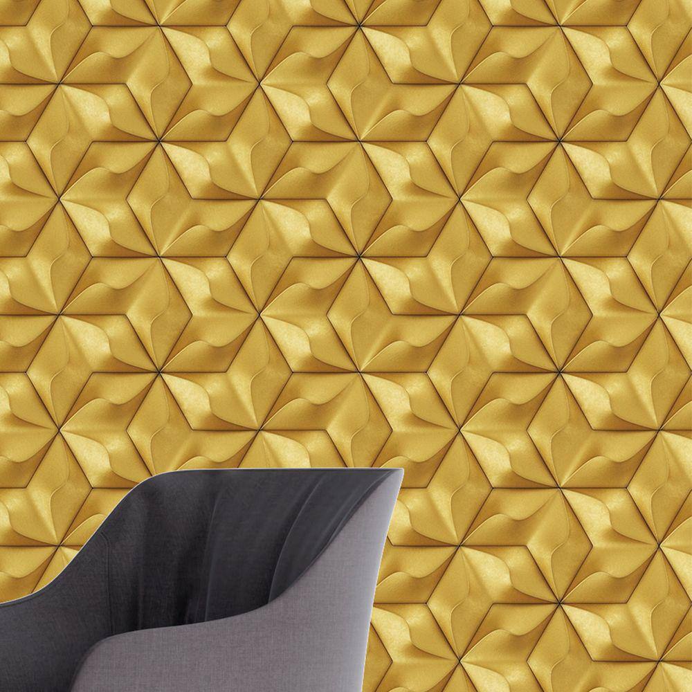Papel de Parede 3D Auto Adesivo Geométrico Hexagono Ondas Douradas Decorativas Lavavel Quarto 15m