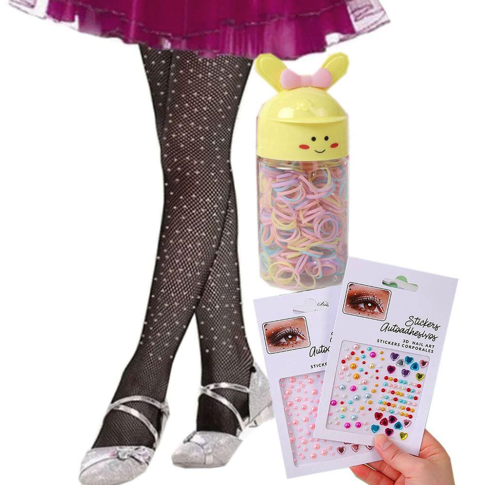 Meia Calça Arrastão Infantil Juvenil com Strass + Adesivos Face Jewels + Pote Elástico Cabelo Colorido