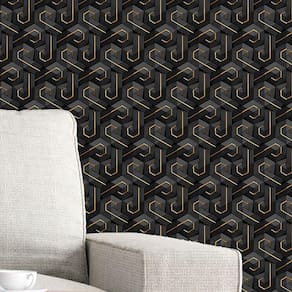 Papel de Parede 3D Auto Adesivo Geométrico Tijolinho Letra P Preto Fosco e Fio Gold Decorativo 6m