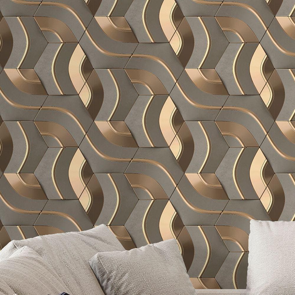 Papel de Parede 3D Auto Adesivo Geométrico Labirinto Fio Dourado decorativo Quarto Sala Cozinha 3m