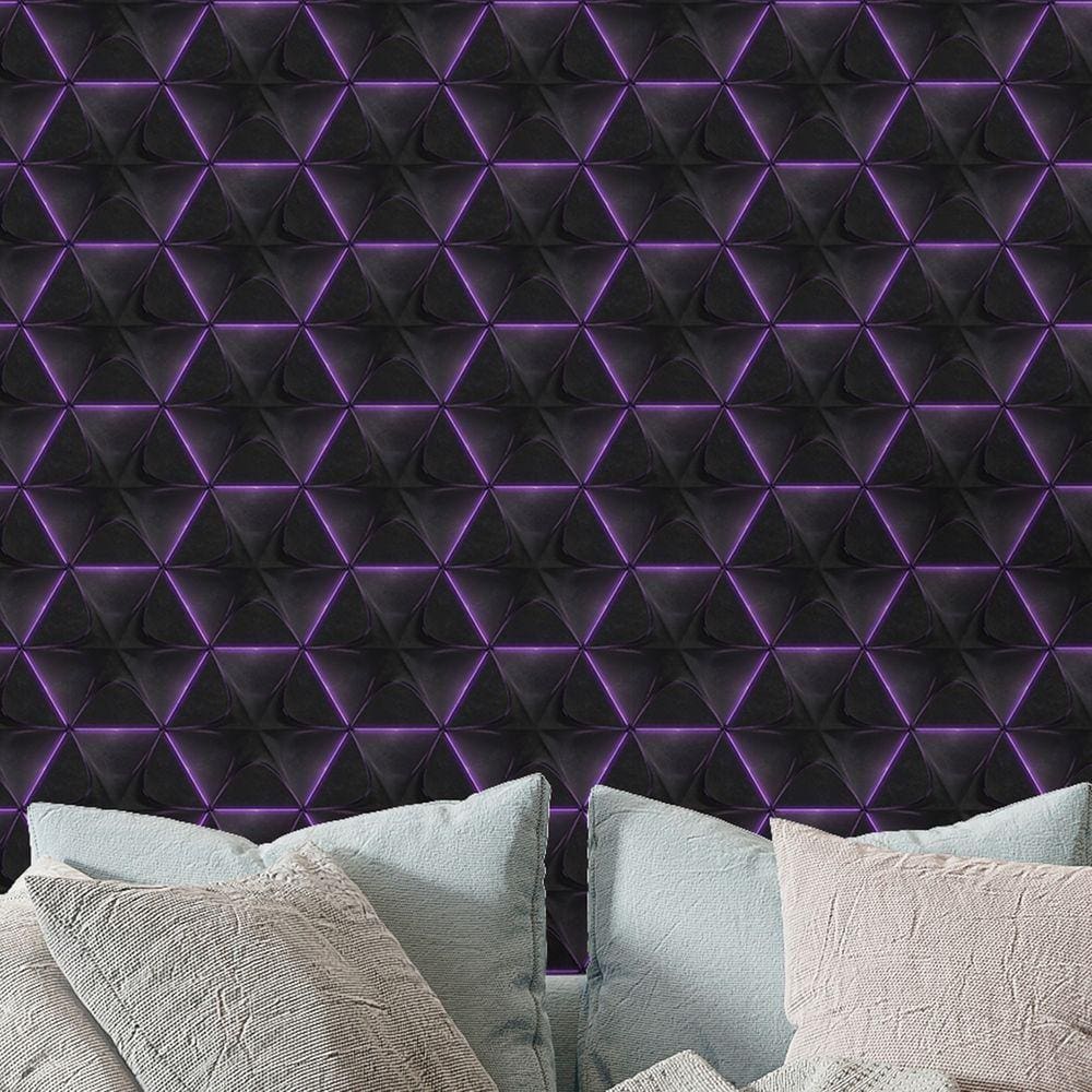 Papel de Parede 3D Auto Adesivo Geométrico Hexagono Luz led Roxa decorativa Quarto Sala 6m