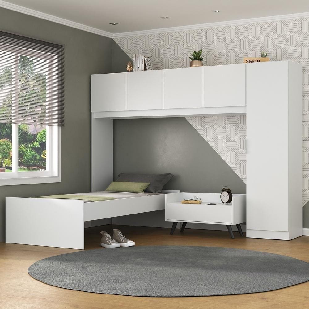 Cama De Solteiro Com Guarda Roupa E Mesa De Cabeceira Retrô Dublin Multimóveis Mp4033 Branca/Preta