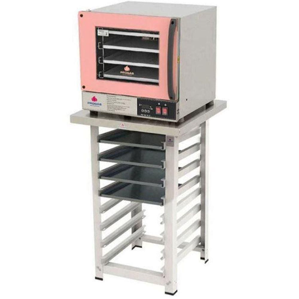 Kit - Forno Turbo Elétrico Fast Oven PRP-004 Plus 220V Rosa + Bancada MES-004 + 4 Assadeiras - Progás