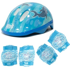 Kit Proteção Infantil Tubarão Capacete (52-56cm) com Joelheira e Cotoveleira Azul
