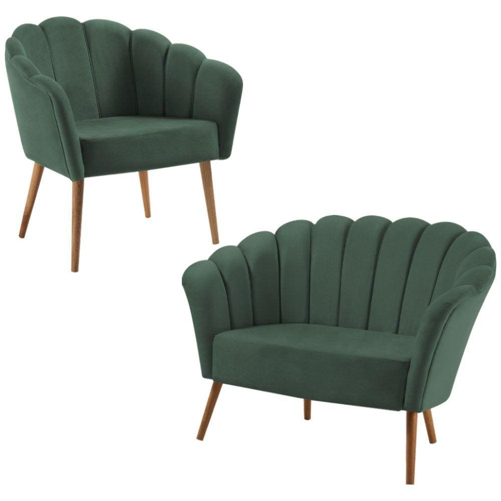 Kit Namoradeira e Poltrona Base Tauari 7049X7050 Veludo Verde Dmobiliario
