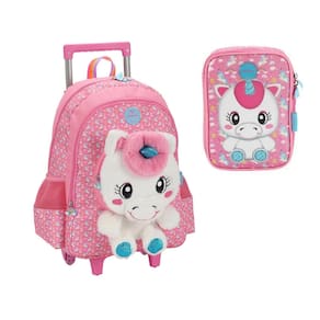 Kit Mochila De Rodinhas E Estojo Unicornio Pink Up4you