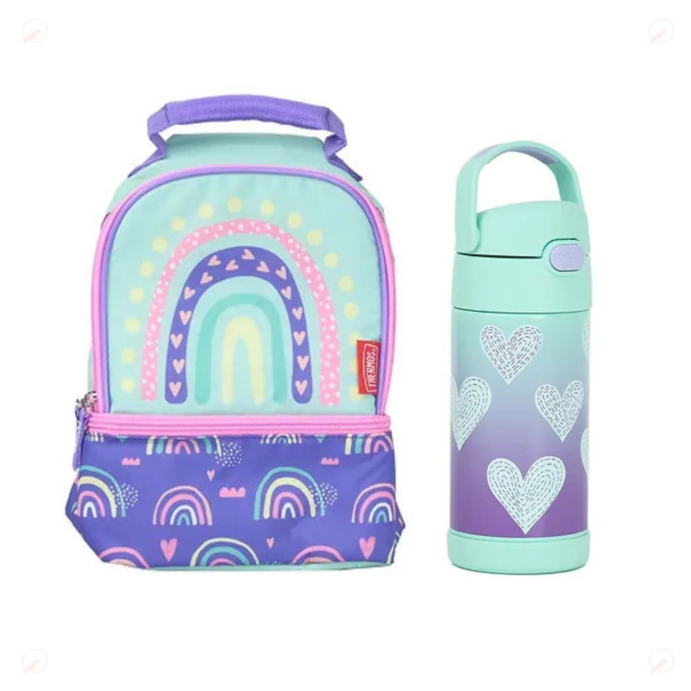 Kit Escolar Garrafa Térmica e Lancheira Térmica Thermos Arco-íris Rosa Meninas