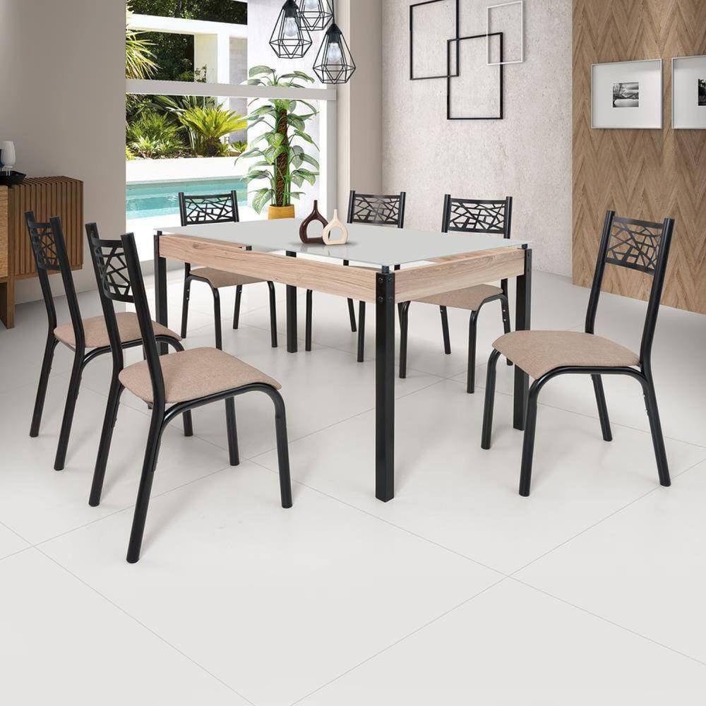 Conjunto Sala de Jantar Mesa Jade 140x80cm Tampo Vidro com 6 Cadeiras Ciplafe Preto Fosco/Bege