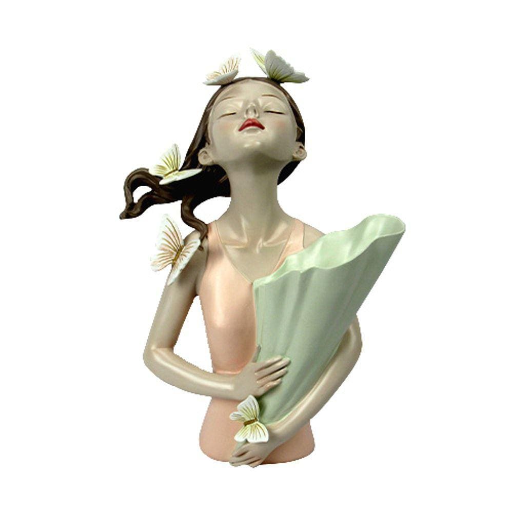 Escultura Mulher Em Poliresina Borboletas Rosa - 31x21,5x14,5cm - 28024