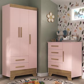 Quarto Infantil Completo Guarda Roupa 3 Portas 2 Gavetas com Cômoda Selene Espresso Móveis Rosa Fosco/Marrom