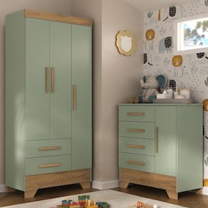 Quarto Infantil Completo Guarda Roupa 3 Portas 2 Gavetas com Cômoda Selene Espresso Móveis Verde Fosco/Marrom