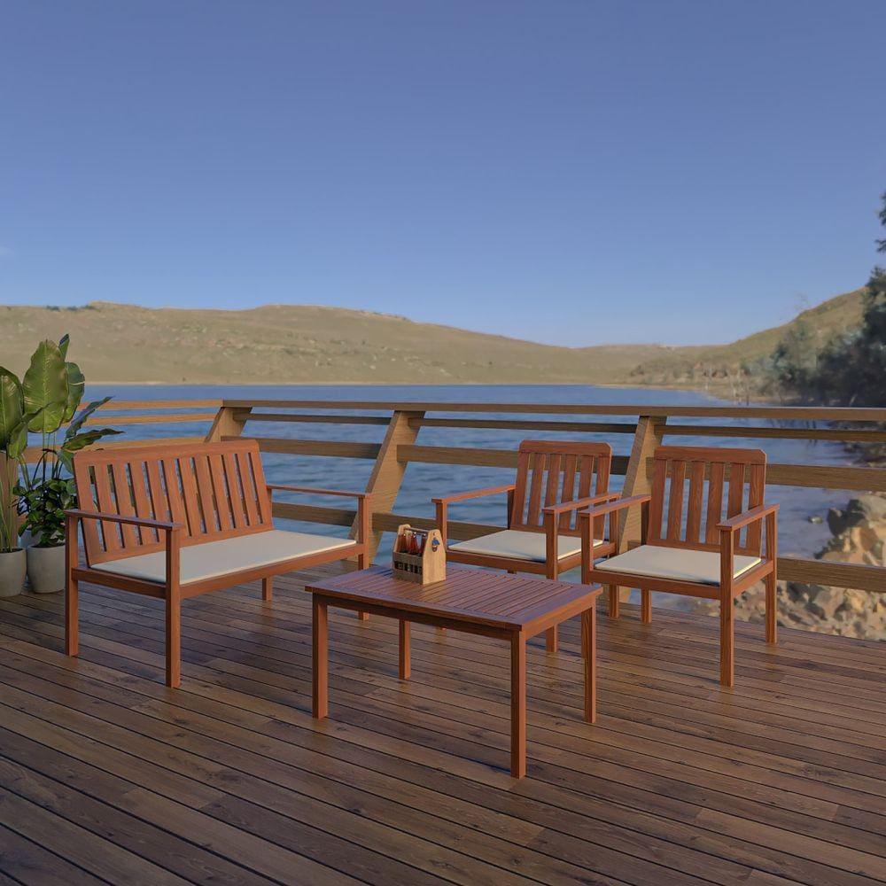 Conjunto para Jardim com 1 Sofá 2 Poltronas 1 Mesa de Centro Madeira Maciça Madeira