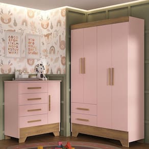 Quarto Infantil Completo Guarda Roupa 4 Portas 2 Gavetas com Cômoda Liz Rosa Fosco/Marrom