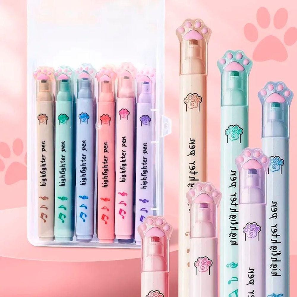 Kit Marca Texto 6 Unidades Gatinho Kawaii - Papelaria Fofa volta as aulas Cute Cat Paw Pata de Gato Patinha