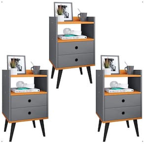 Kit 3 Mesas Cabeceira Dream Jogo Mesinha Decorativa Lateral Cama Decoração Quarto Casal Solteiro - Cinza/Cinamomo - RPM Móveis