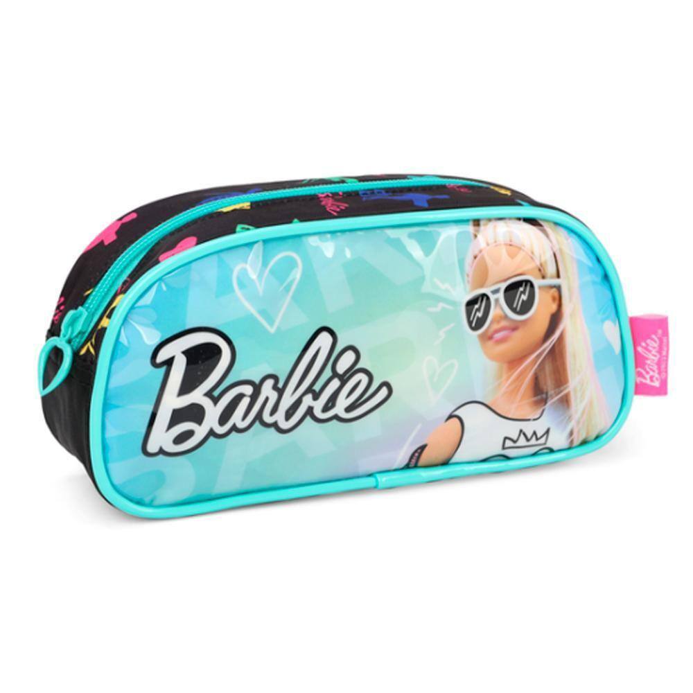 Estojo Escolar Barbie Óculos Verde - Luxcel, PVC/Poliéster, Zíper Coração, 11x22x5,5 cm