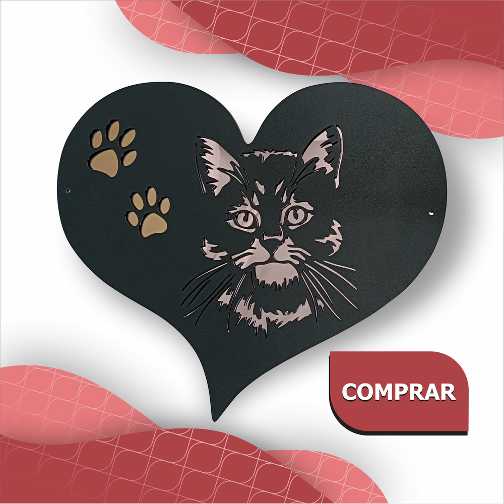 Quadro Gato Coração 38x32  Preto / Bronze / Rosa Espelhado