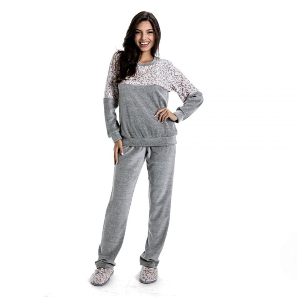 Pijama de frio em plush com detalhe de oncinha Mescla