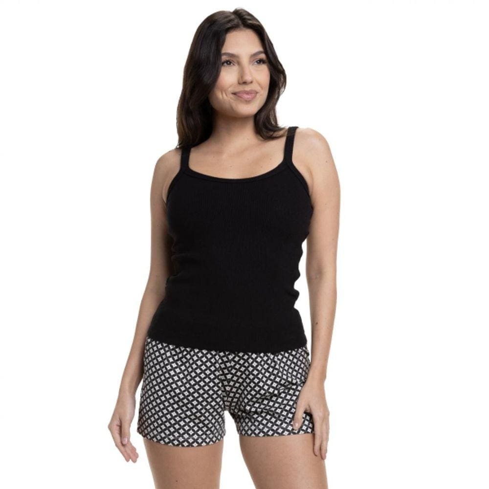 Short Doll de Alcinha em Ribana e Viscolycra Estampada Preto