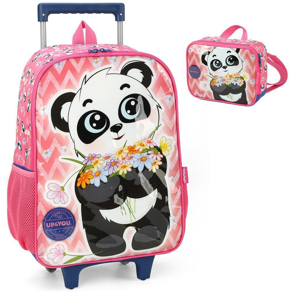 Kit Mochila Rodinhas Lancheira Luxcel Up4You Panda Rosa