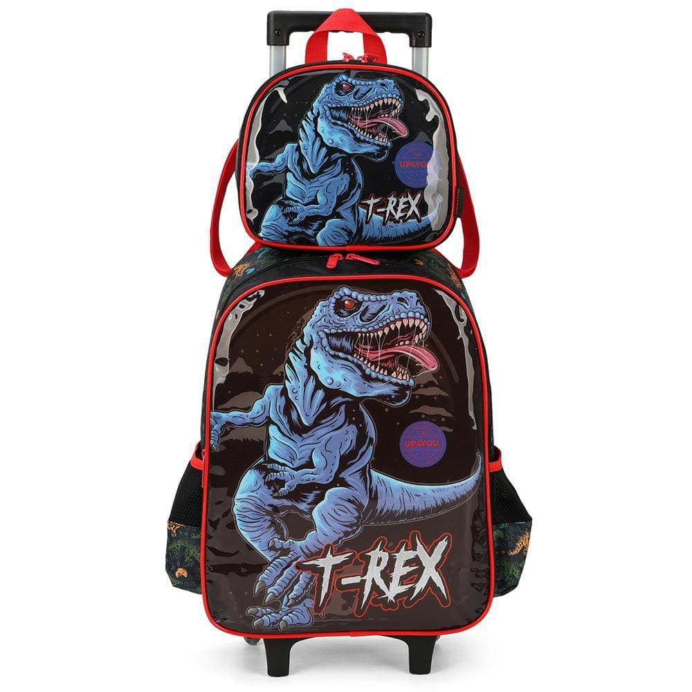 Kit Mochila Rodinhas Lancheira Luxcel Up4You T-Rex Azul