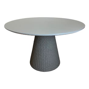 Mesa De Jantar Cone Redonda 120cm Tampo Laqueado Cinza + Vidro Base Corda Náutica Cinza