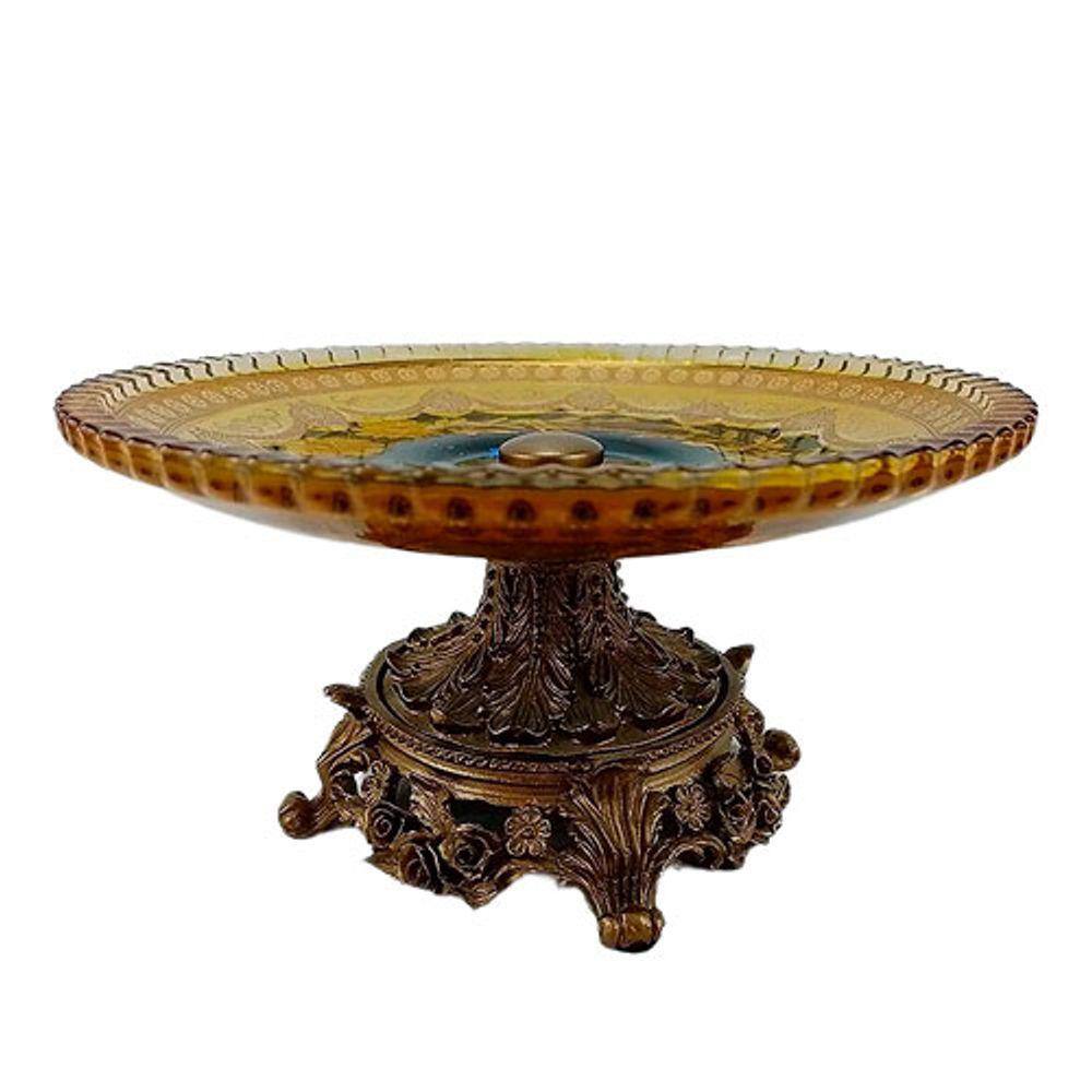 Centro de Mesa em Cristal Azul e Dourado e Base em Bronze - 10x20cm - 12829