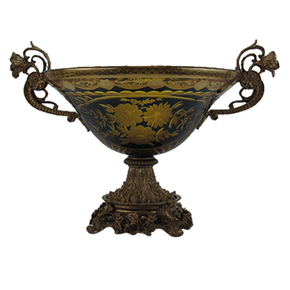 Centro de Mesa Azul e Dourado em Cristal com Adornos em Bronze - 28x35x16cm - 12821
