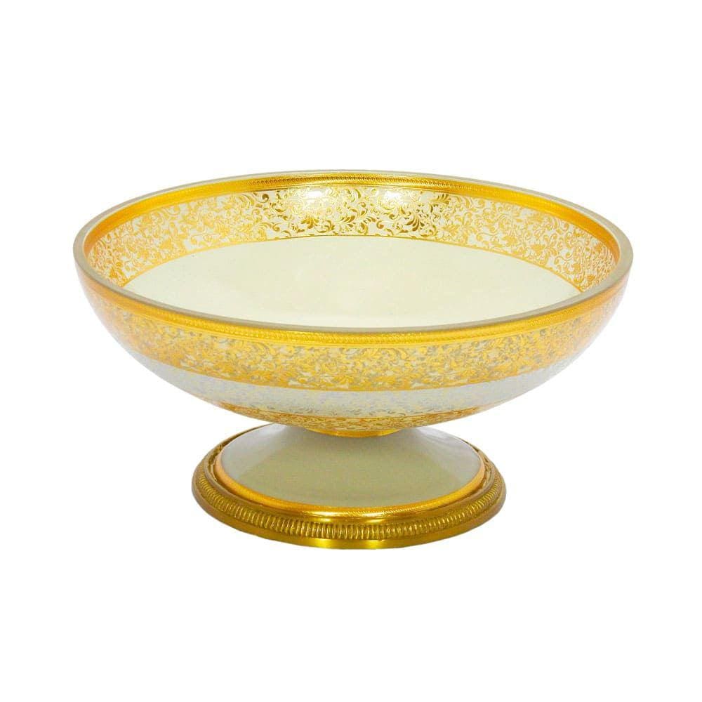 Centro de Mesa em Cristal Branco com Detalhes em Dourado - 15x31x31cm - 21660