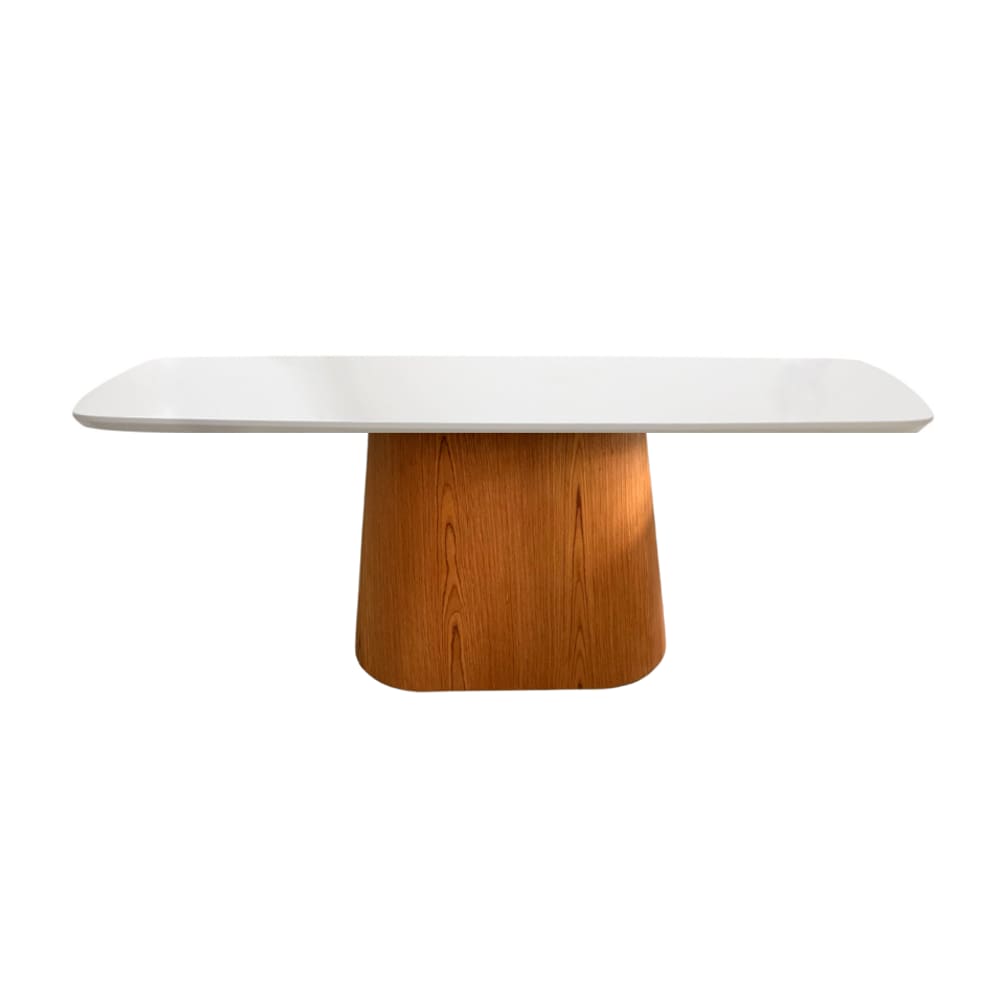 Mesa de Jantar Cone Retangular 244x137 cm Base Oval laminada em Madeira Freijó Tampo Laqueado Branco