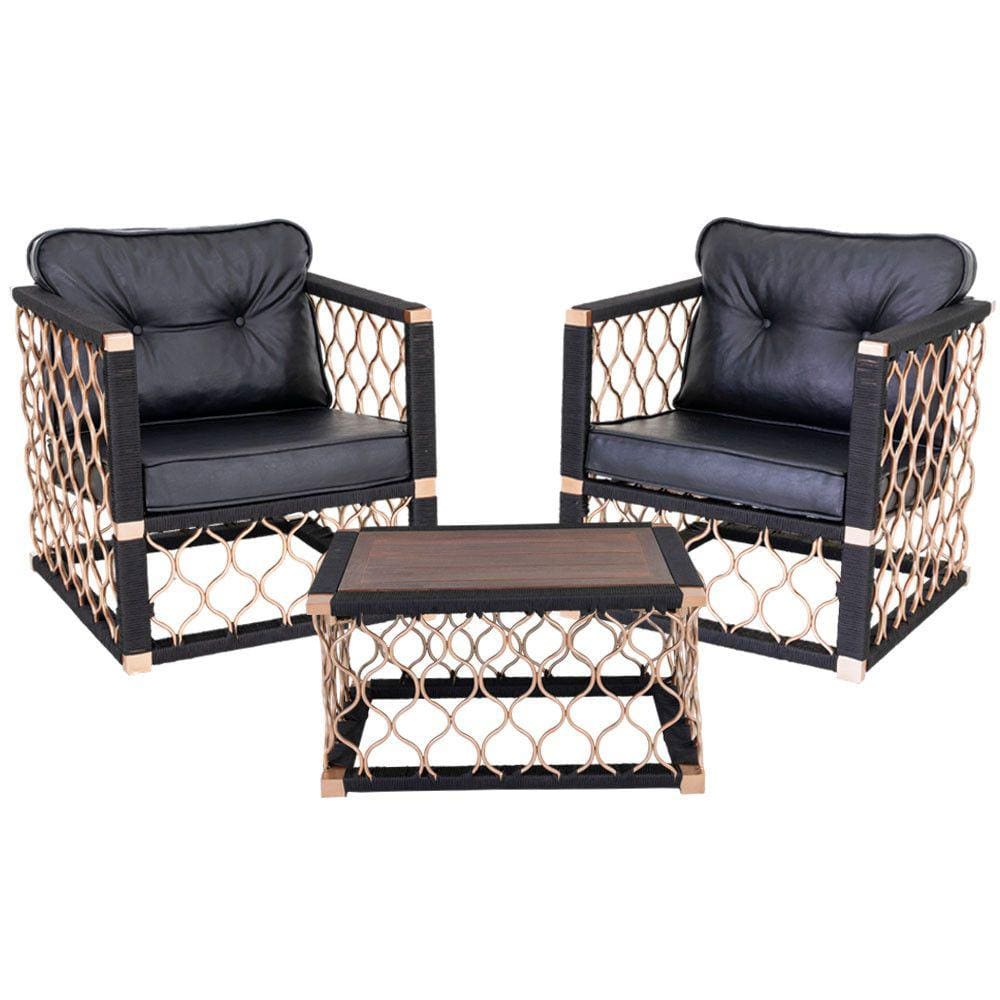 Kit 2 Poltronas e Mesa de Centro com Tampo de Madeira Trama em Alumínio e Corda Naútica