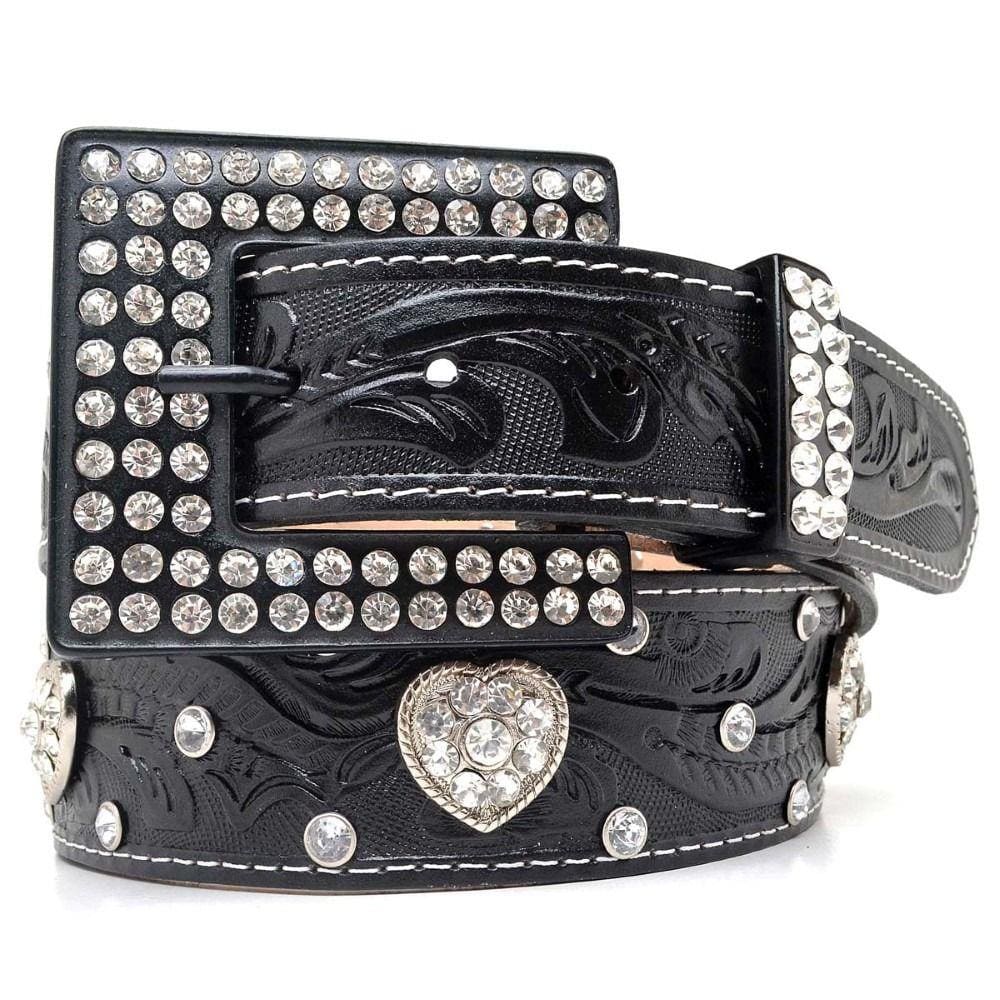 Cinto Feminino Couro Texturizado Detalhe Coração Fivela de Strass Quadrada Festa Peao Barretos