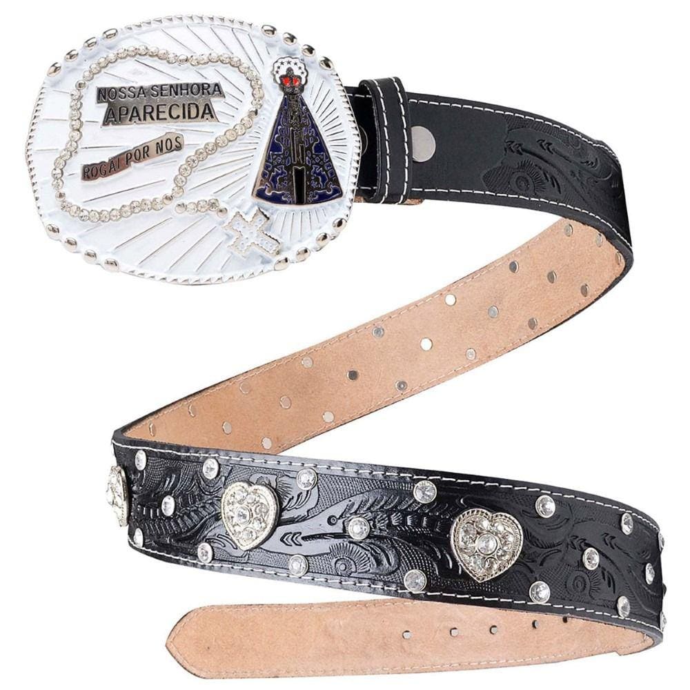 Cinto Couro Feminino Fivela Nossa Senhora De Aparecida Terço Strass Boiadeira Muladeiro