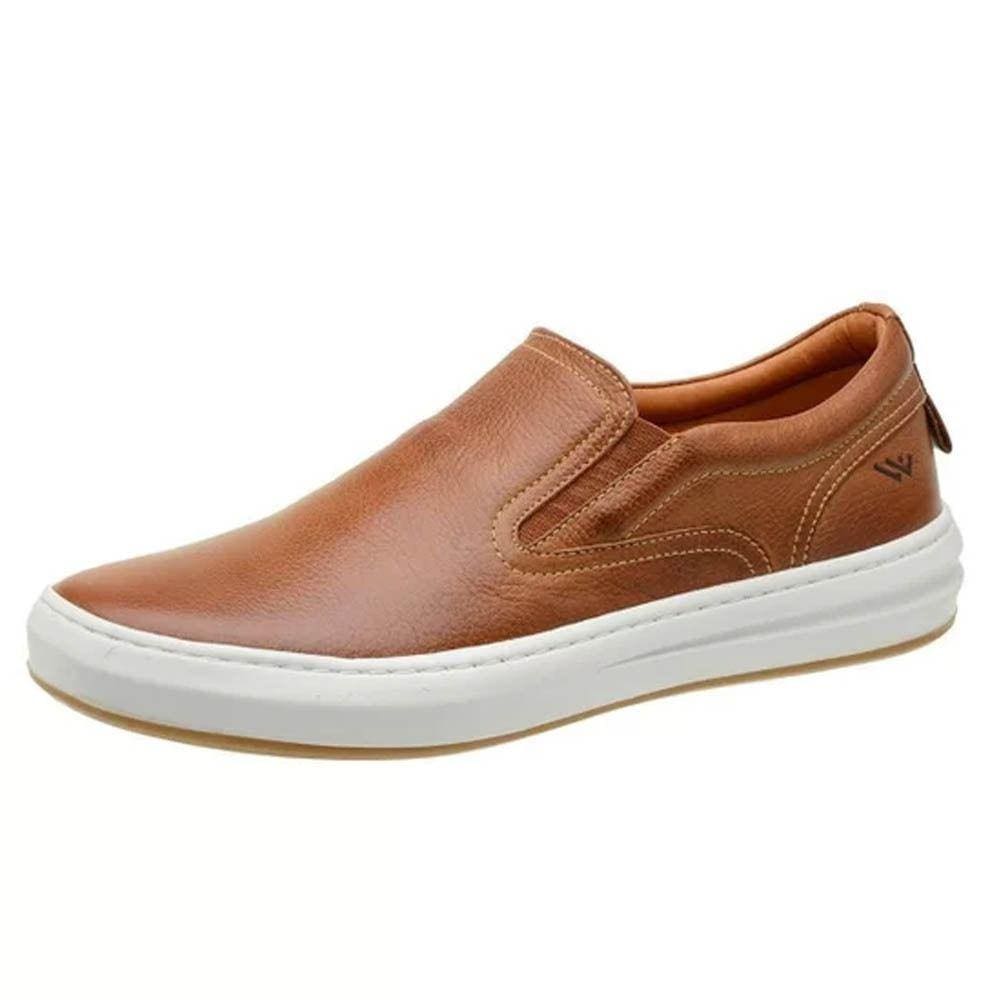 Tenis Slip On Couro Casual Calce Facil Palmilha Gel Anti-Impacto Solado Borracha Macio